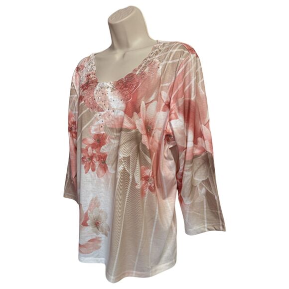 Alfred Dunner Beige & Pink Floral Beaded Applique Top Size XL - Picture 4 of 10